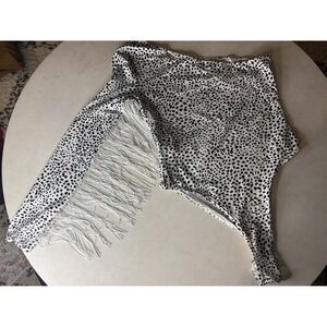 Dalmatian Print One Shoulder Fringe Bodysuit Black White Animal Print Asymmetric